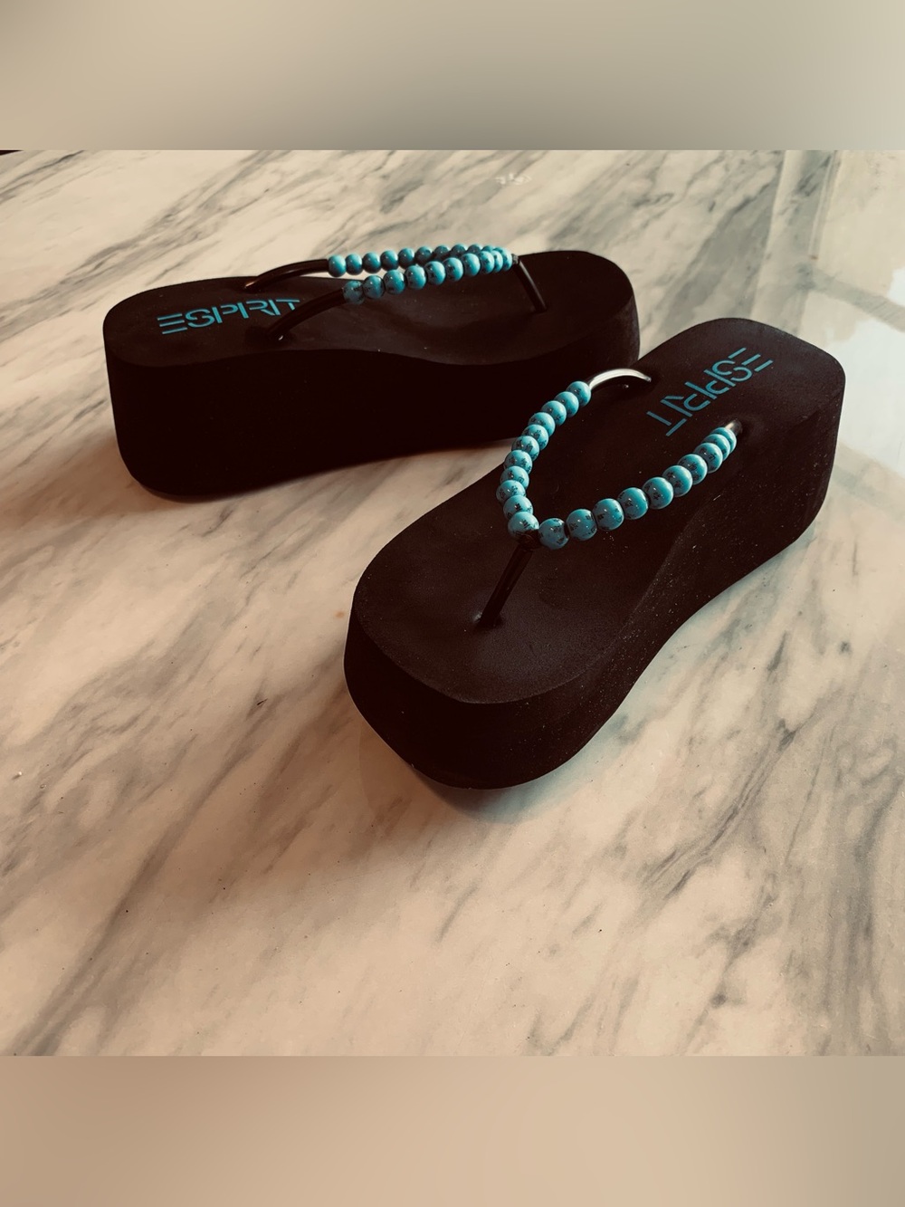 Esprit Black Platform Flip Flops with Turquoise Beaded Straps